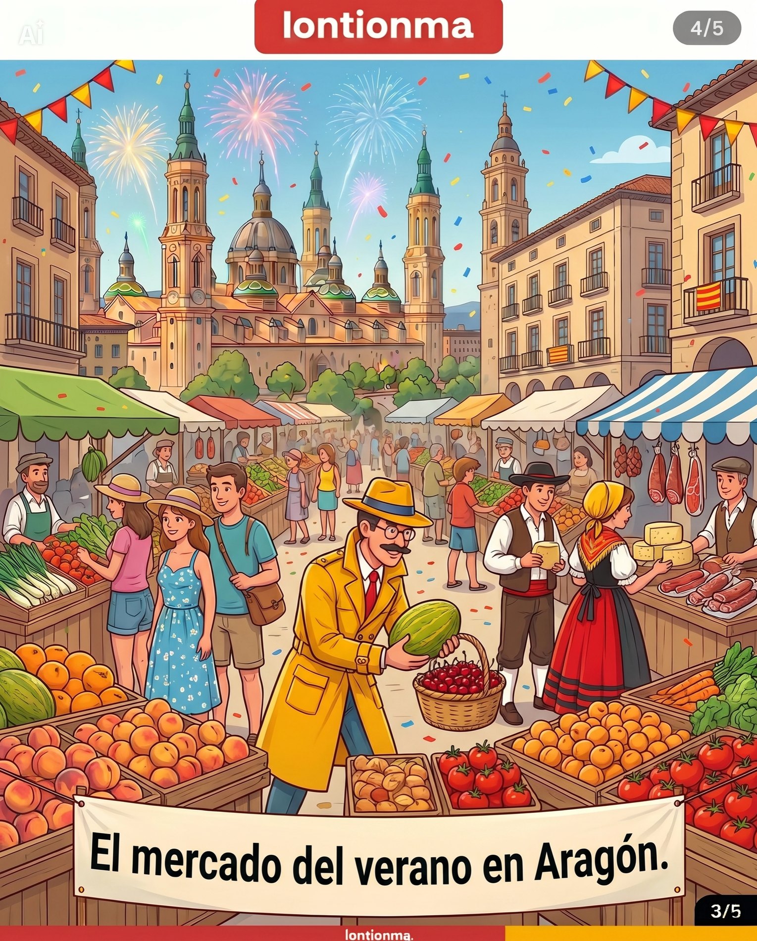 Puesto de mercado con frutas frescas y productos de temporada